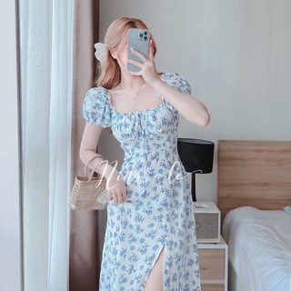 Váy midi hoa nhí cổ vuông xẻ tà, váy hoa nhí trễ vai buộc nơ cổ , đầm hoa nhí voan nhún ngực xẻ tà