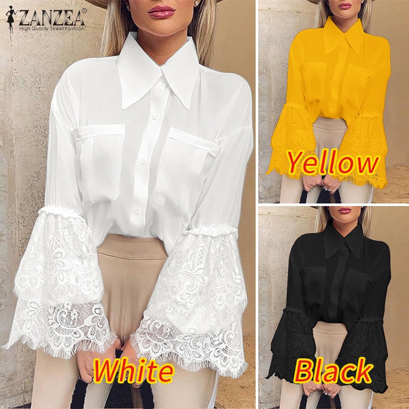 Zanzea Áo Sơ Mi Nữ Dài Tay Cổ Bẻ Phối Ren Thời Trang Châu Âu