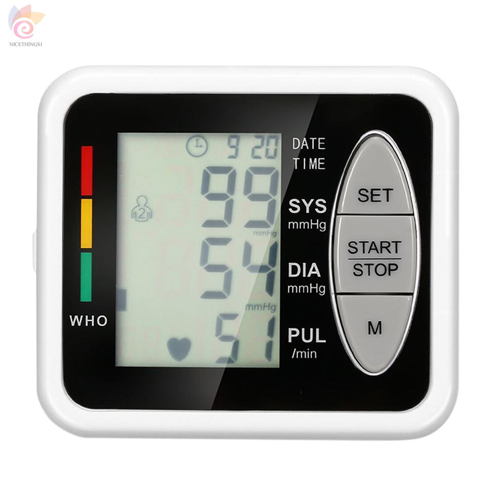 ET Portable Wrist Electronic Sphygmomanometer Blood Pressure Monitor Automatic Large LCD Display Home Care Tri-color Indicator Light 2 Users 99 Groups Data Storage Compact Size