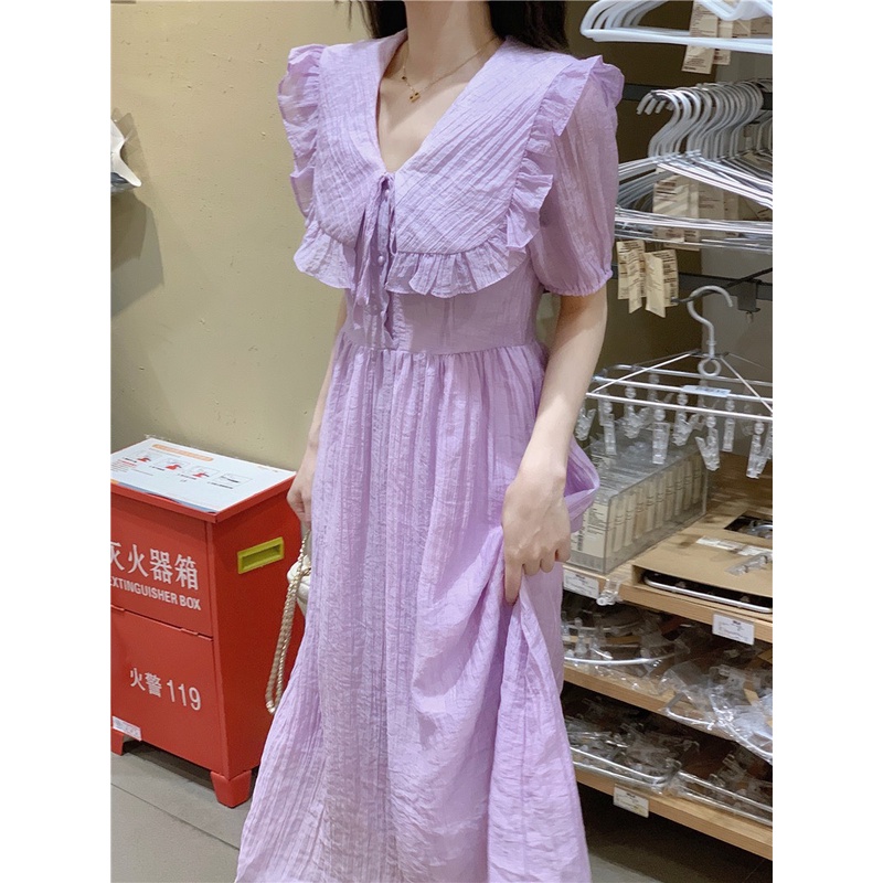 Váy tiểu thư đũi nhăn cổ sen bèo buộc dây cúc ngọc dáng xòe, đầm đũi suông dài dáng xòe xinh Kozoda D80