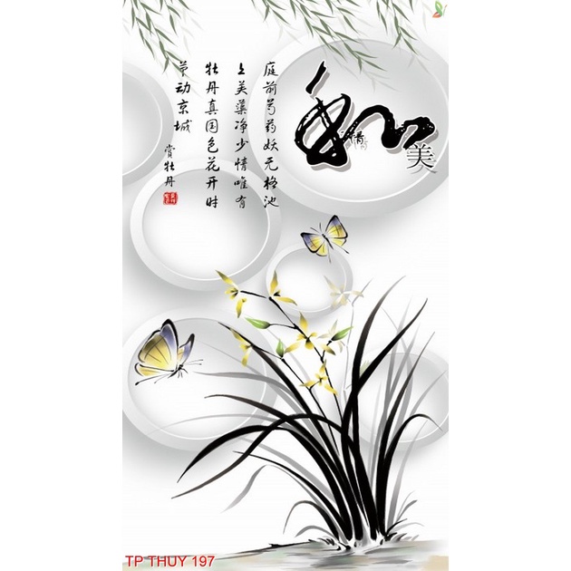 Tranh dán tường 3D phong thủy, thu hút tài lộc, mẫu dọc