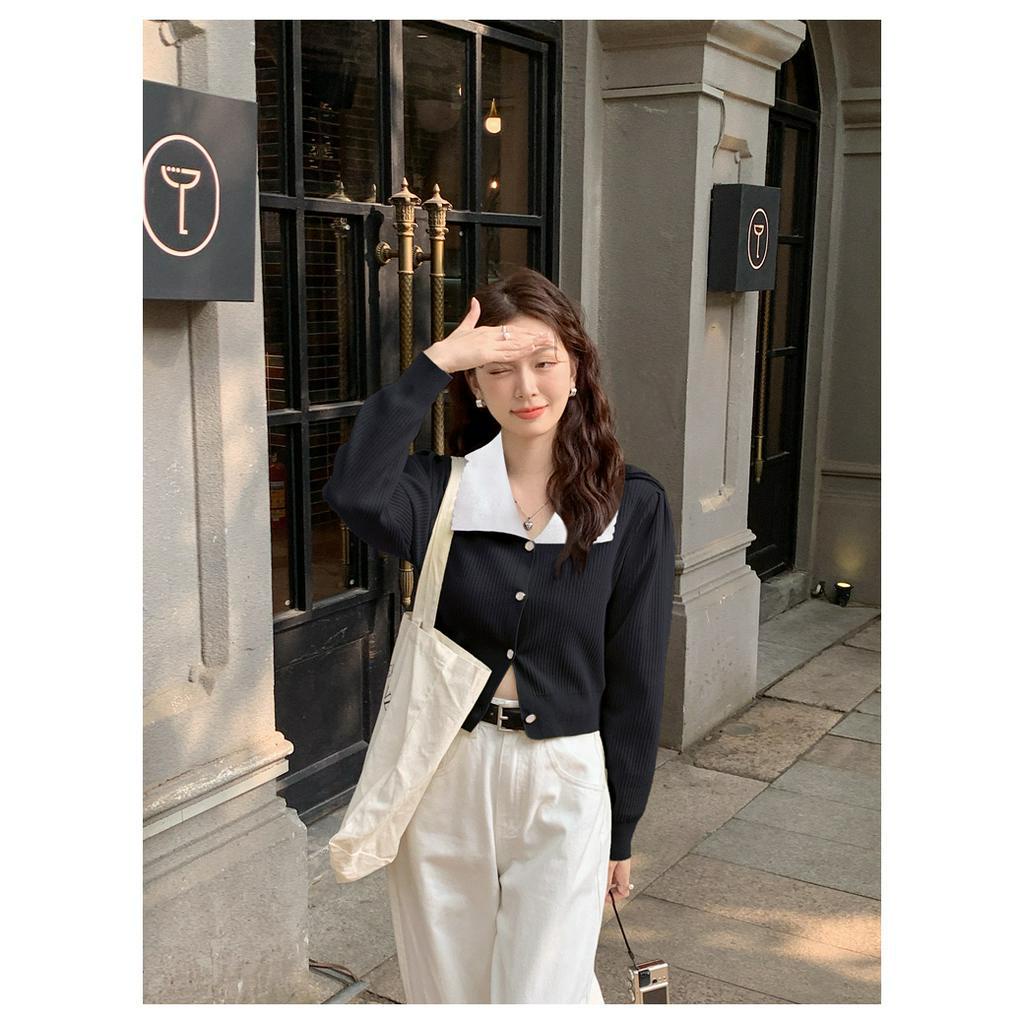 Áo Cardigan Dệt Kim Cổ Bẻ Dáng Ôm Màu Sắc Tương Phản 61405