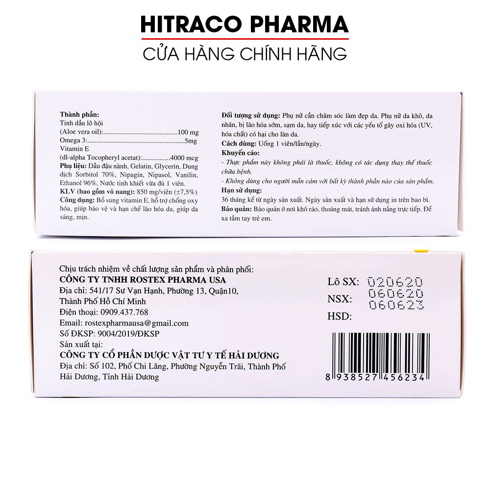 Viên uống bổ sung Vitamin E  4000mcg, Omega 3, Tinh dầu nha đam - Hộp 30 viên