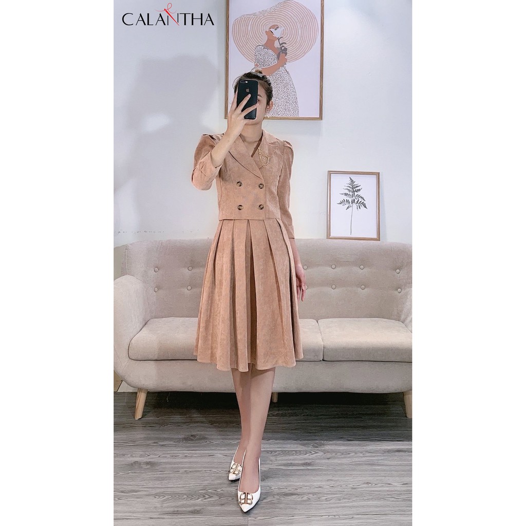 [ HÀNG THIẾT KẾ] 👗 váy nhung nữ Set bộ áo vest lửng mix váy đẹp thời trang thiết kế calantha S01