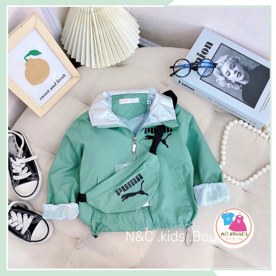 Set áo 2 chi tiết, áo gió 2 lớp kèm túi đeo chéo cho bé trai, bé gái từ 10kg đến 22kg AK05