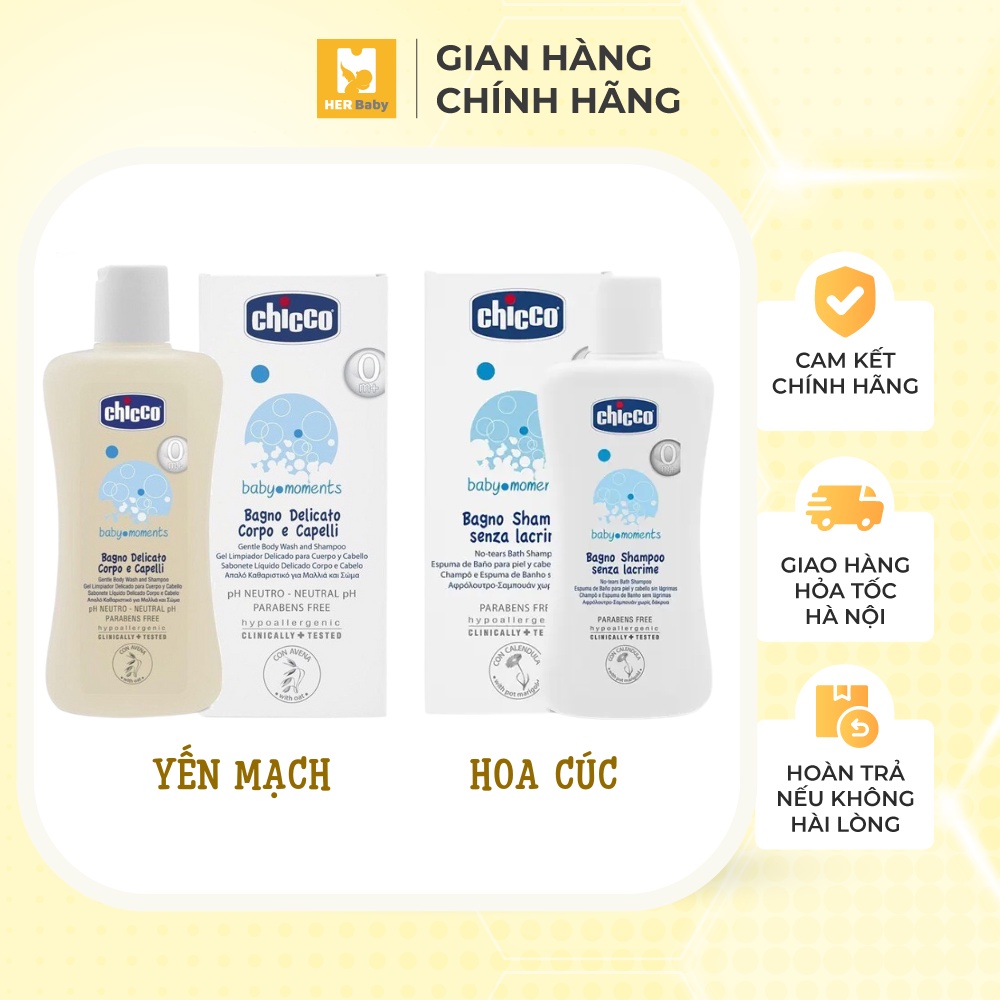 Sữa tắm gội Chicco yến mạch 0M+ 200ml mềm tóc và giữ ẩm cho da hạn chế kích ứng, mẩn đỏ - Herbaby