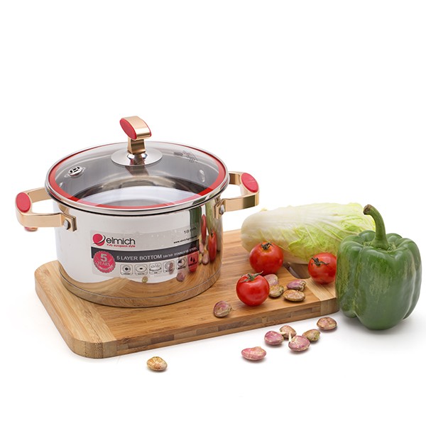 Nồi 5 đáy vung kính inox 304 Red Velvet 18cm , 20cm , 22cm , 24cm / EL5267 / EL5268 / EL5269 / EL5270