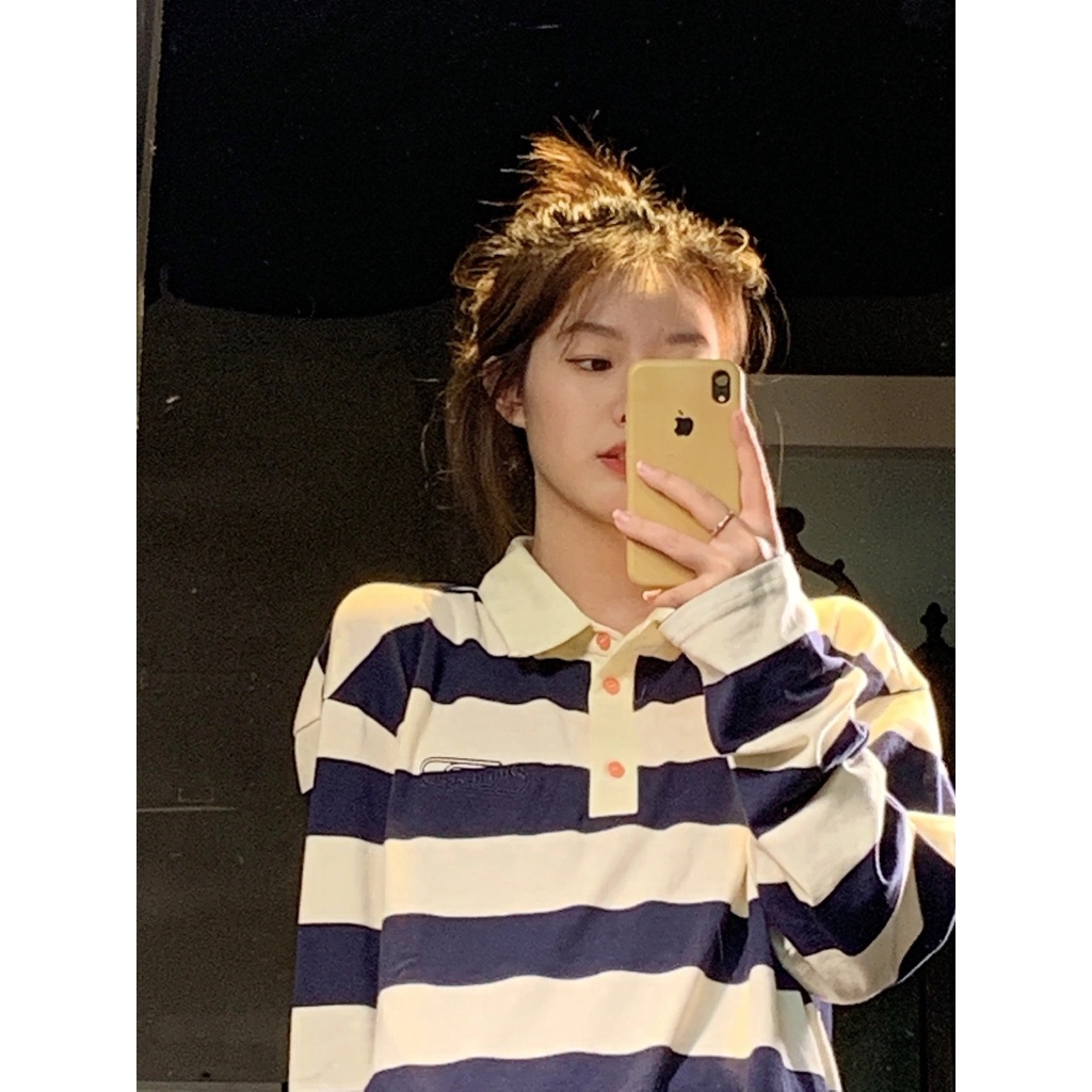 Áo polo Tay Dài Dáng Rộng Họa Tiết Kẻ Sọc Phong Cách Mỹ Cổ Điển Thời Trang Cho Nữ