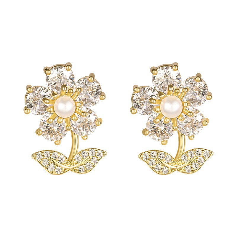 Bông Tai Hình Cánh Hoa Đính Đá Zircon Toàn Diện Phong Cách Hàn Quốc