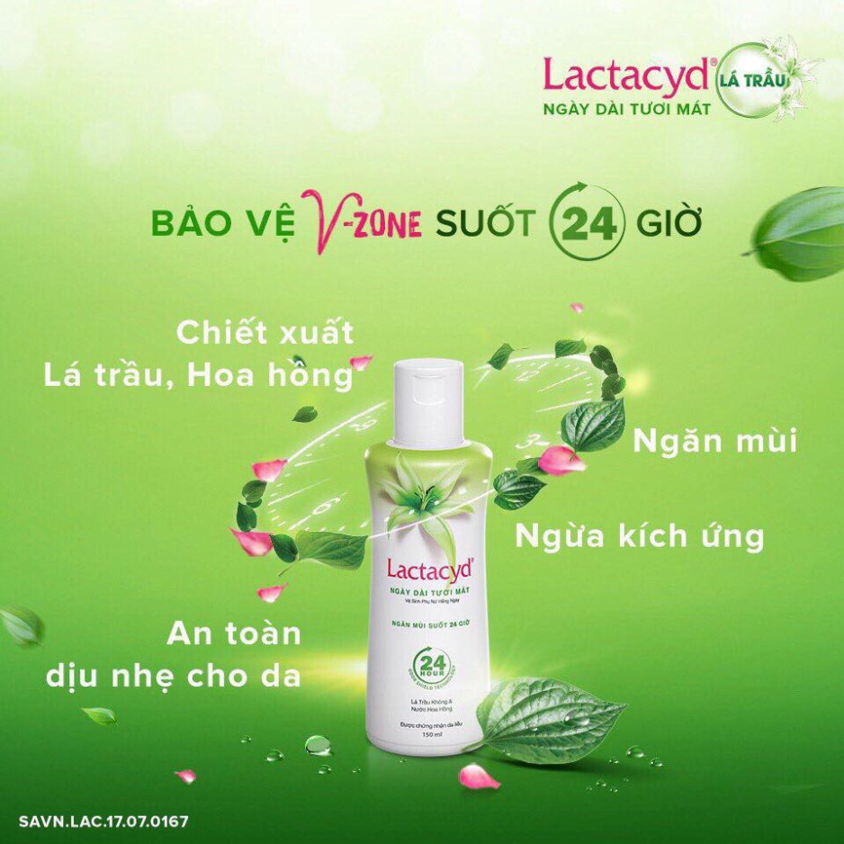 Dung Dịch Vệ Sinh Lactacyd ngày dài tươi mát xanh lá - Chiết xuất Lá Trầu Không và Hoa Hồng giúp ngăn mùi suốt 24h 150Ml