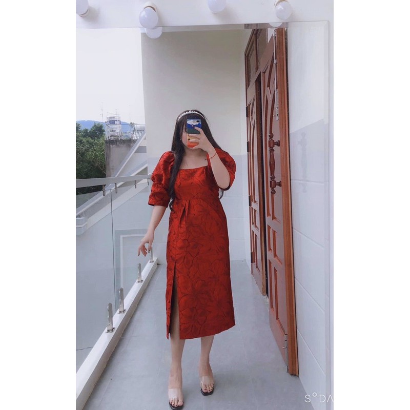 [Đầm Tết Bigsize] ĐẦM GẤM XẺ TÀ BIGSIZE màu đỏ 55-90kg (có size- ảnh thật bigsize)