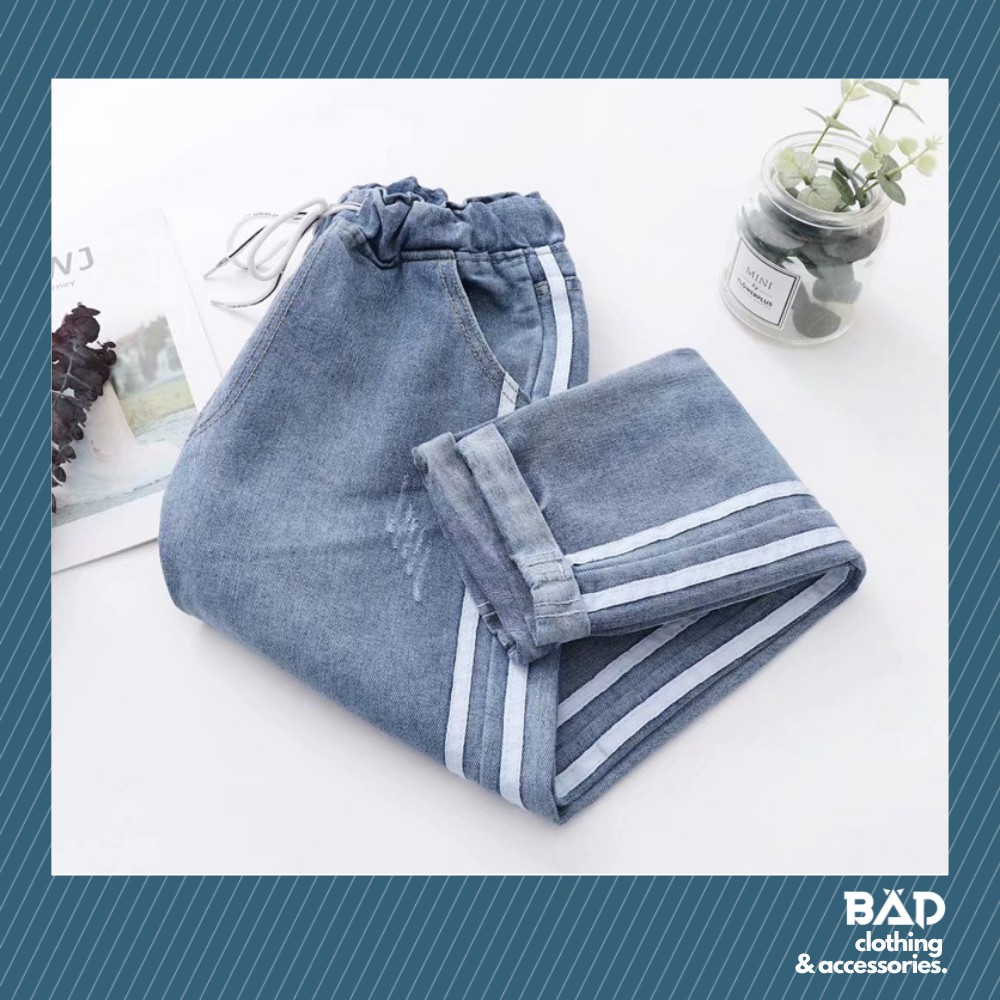 ( ẢNH THẬT ) Quần Baggy Jeans 2 Sọc Trắng - Cạp chun co giãn, chất jeans mềm đứng dáng