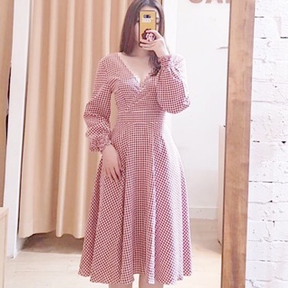 Đầm váy caro đỏ tay bo form dài (kèm hình thật)
