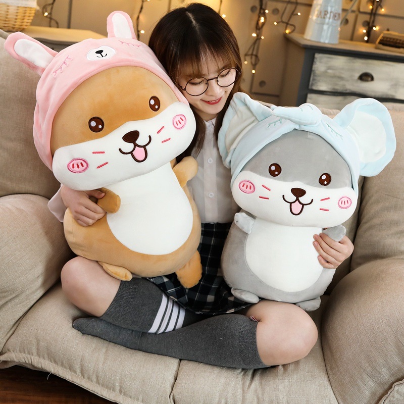 Gối ôm gấu bông chuột hamster mũ hồng siêu cute