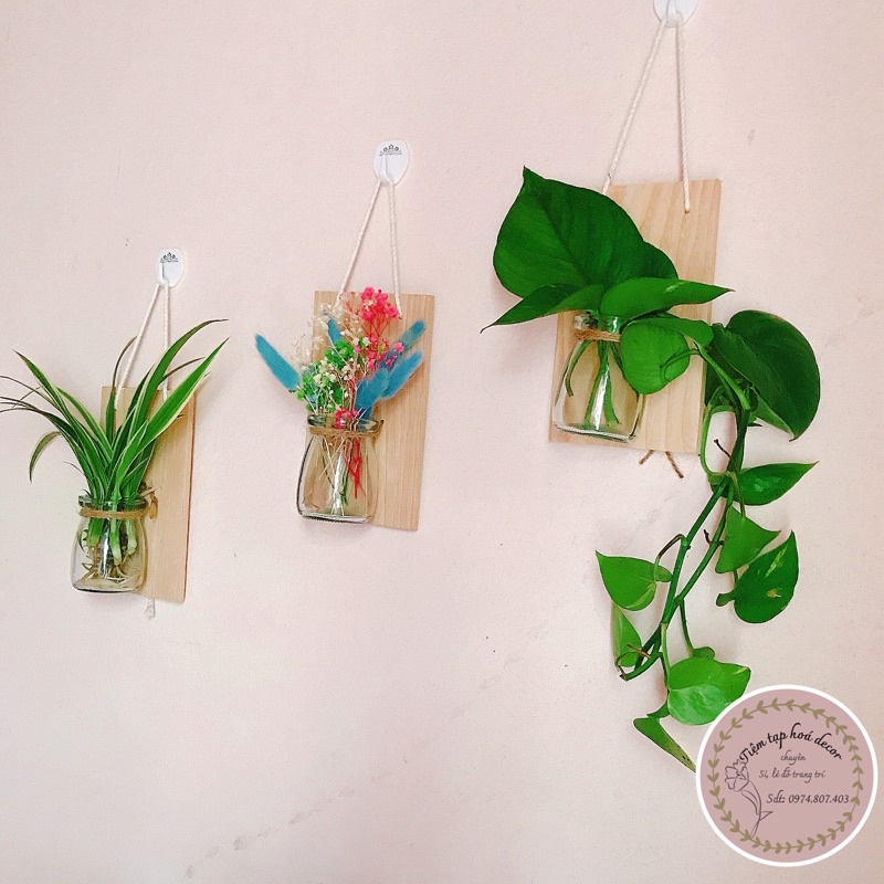 Bảng gỗ treo tường kèm lọ hoa mini, bình thuỷ tinh treo tường decor phòng, lọ thuỷ sinh treo ban công