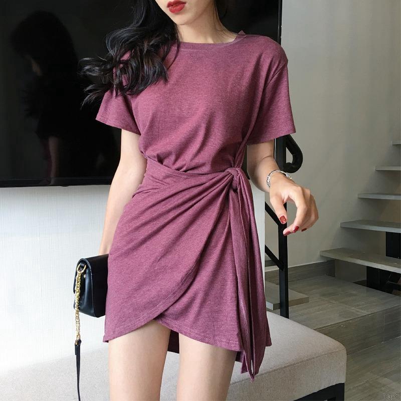 Váy nữ tay ngắn cổ chữ O phong cách Hàn Quốc