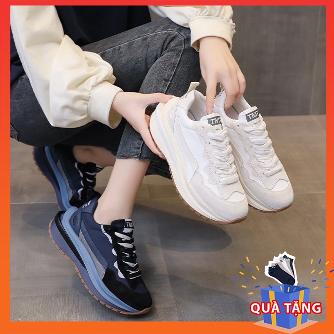 Giày thể thao đế cao nữ TMT, chất da lộn cao cấp - sneaker nữ đế độn 4cm, màu trắng xanh thời trang, nhẹ êm, chuẩn phom