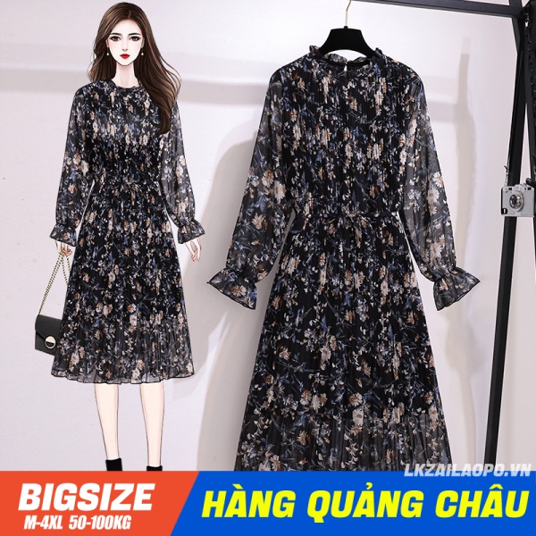 Đầm hoa nhí size lớn vải chiffon dáng rộng tay dài đơn giản nhẹ nhàng sang trọng vintage Hàn Quốc cho nữ trung niên