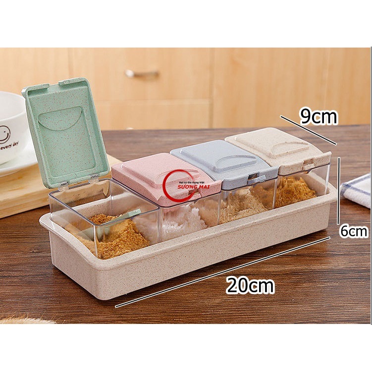 [Giá Sỉ] Bộ 4 Hộp Đựng Gia Vị Nhựa Đẹp Sang Trọng, Kèm Thìa Muỗng Có Nắp
