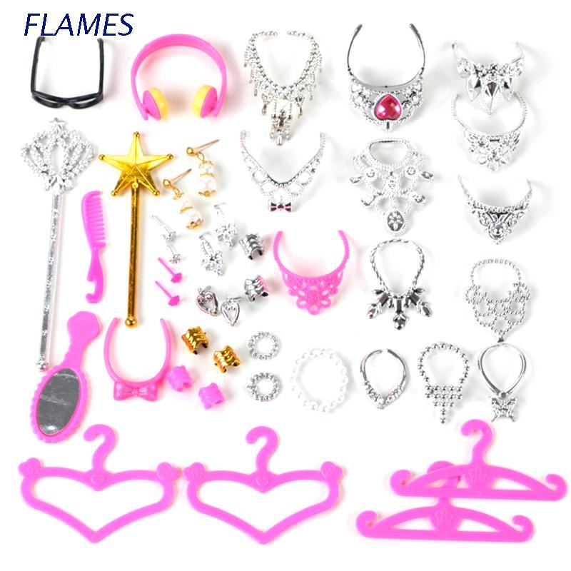 38pcs/Set Barbi for Doll Accessories Simulation Jewelry Necklace Crown Earrings