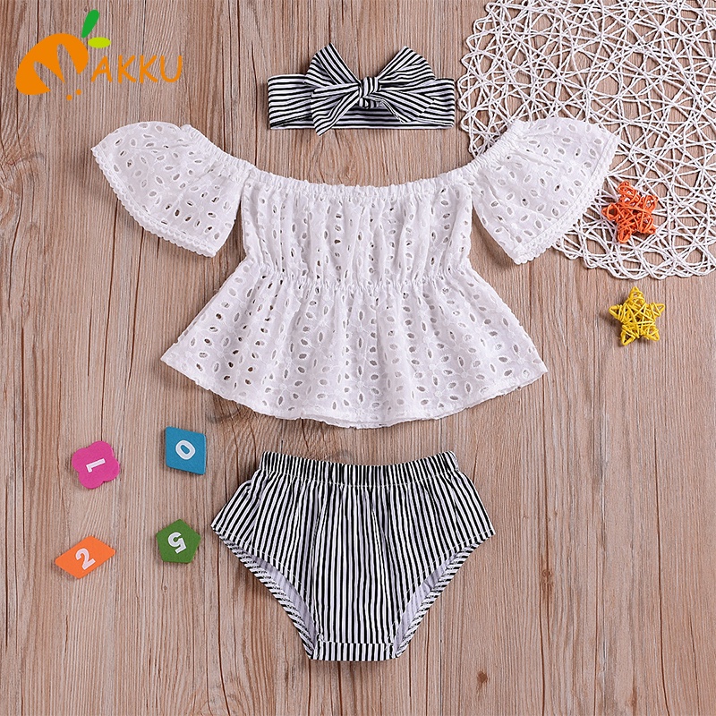 Bộ Áo Liền Quần Phối Ren Kèm Băng Đô Dễ Thương Cho Bé Gái akku