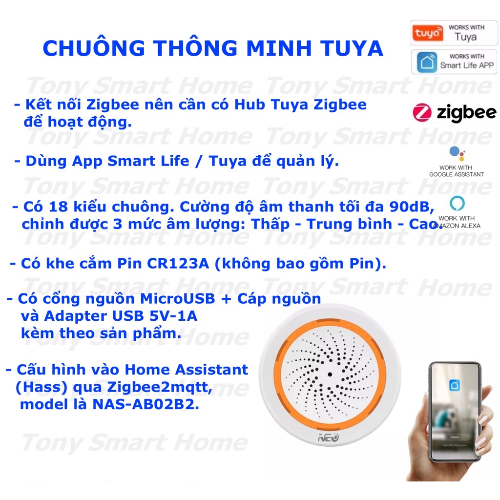 Chuông báo động , báo khách thông minh , sóng Zigbee / Wifi , hệ Tuya / Smart Life / Home Assistant -