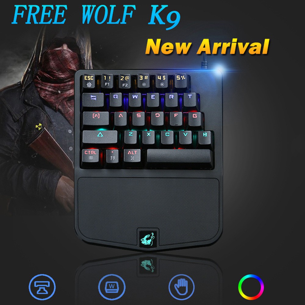 Bàn phím cơ 1 tay Free Wolf K9 led RGB với Led gầm cực đẹp switch blue