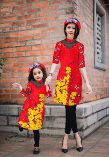 Áo dài cách tân mẹ và bé pha lưới