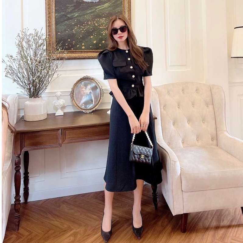 [Ảnh thật] Set áo tay phồng lai bèo đính nút to chân váy dài phong cách tiểu thư sang chảnh