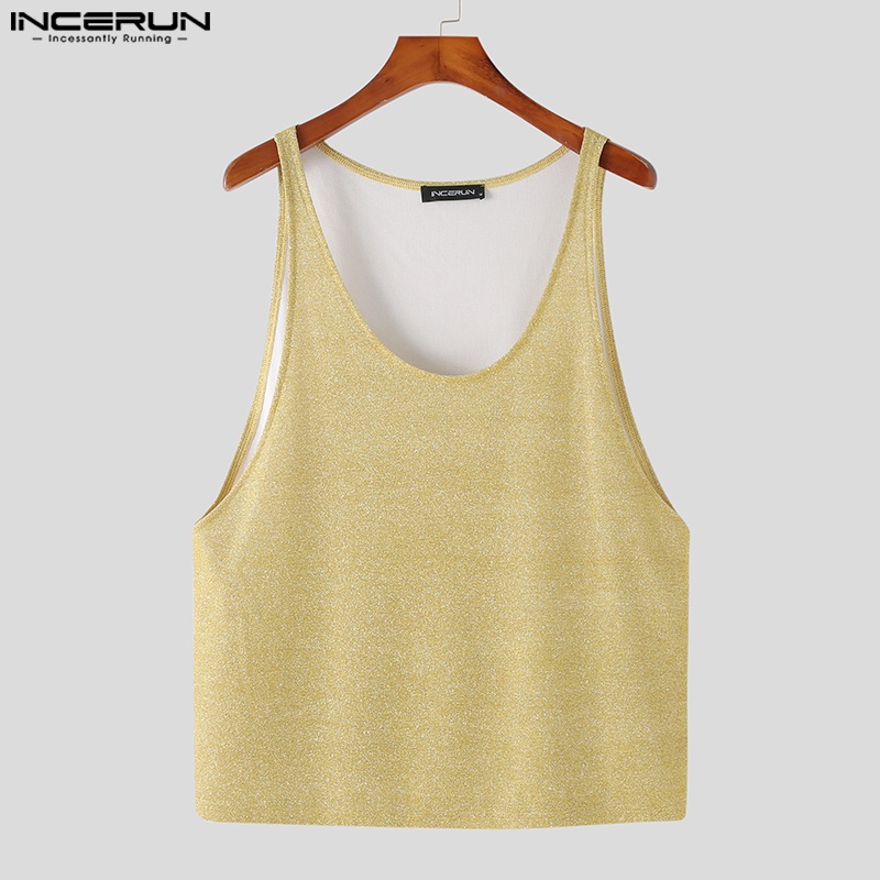 INCERUN Áo Ba Lỗ Cổ Chữ V Sáng Bóng Phong Cách Hippie Cho Nam