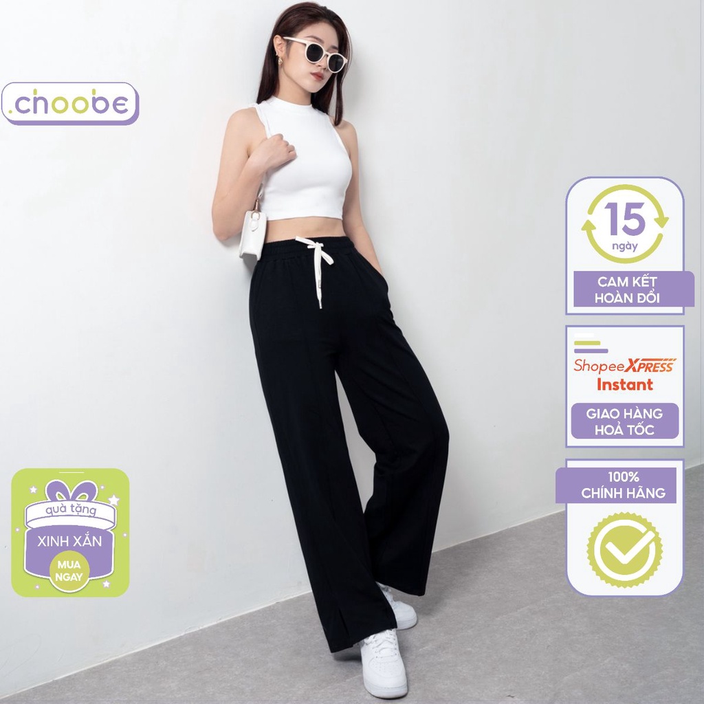 Quần ống rộng nữ Choobe vải cotton sợi đan dáng suông phối gân giữa cá tính năng động Q55