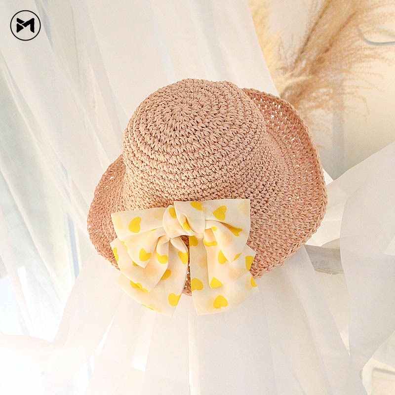 Mũ Cói Chống Nắng Vành Rộng Gấp Gọn Đính Nơ Mới Cho Bé Gái