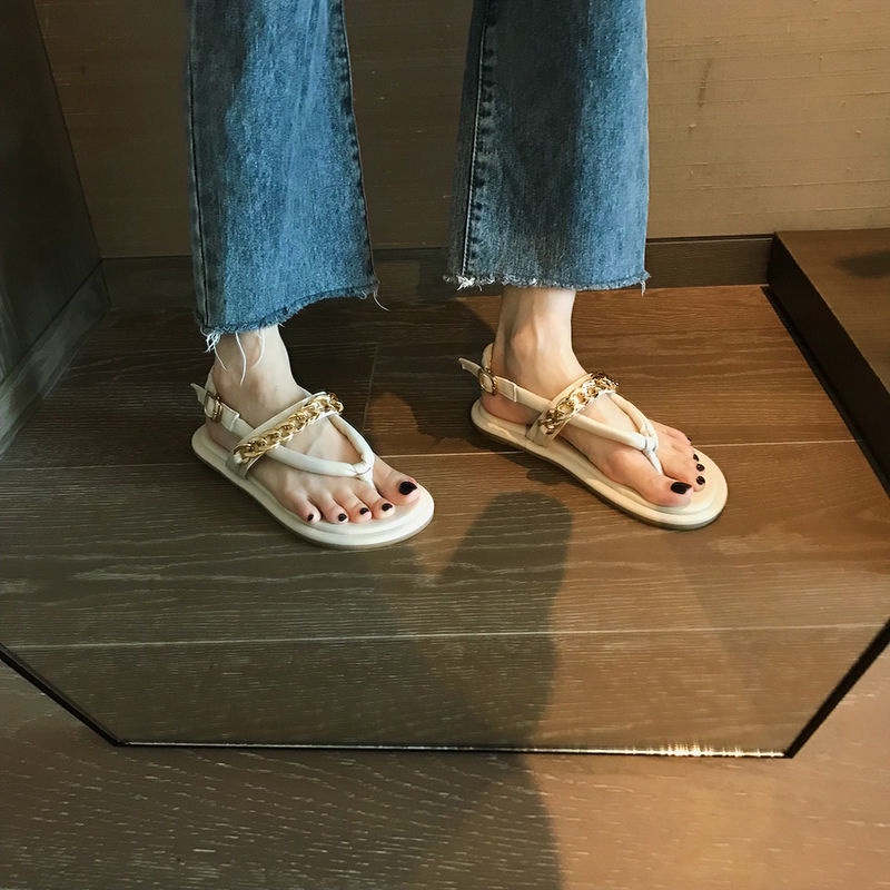 Giày Sandal Đế Bằng Phối Dây Xích Thời Trang Đi Biển Mùa Hè Cho Nữ