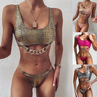 Bộ bikini hai mảnh màu vàng họa tiết da rắn quyến rũ cho nữ 2021