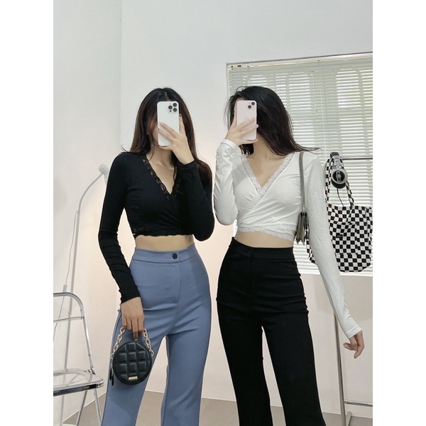 ÁO TAY DÀI VIỀN REN THẮT NƠ EO Siêu HOTJANE CROPTOP
