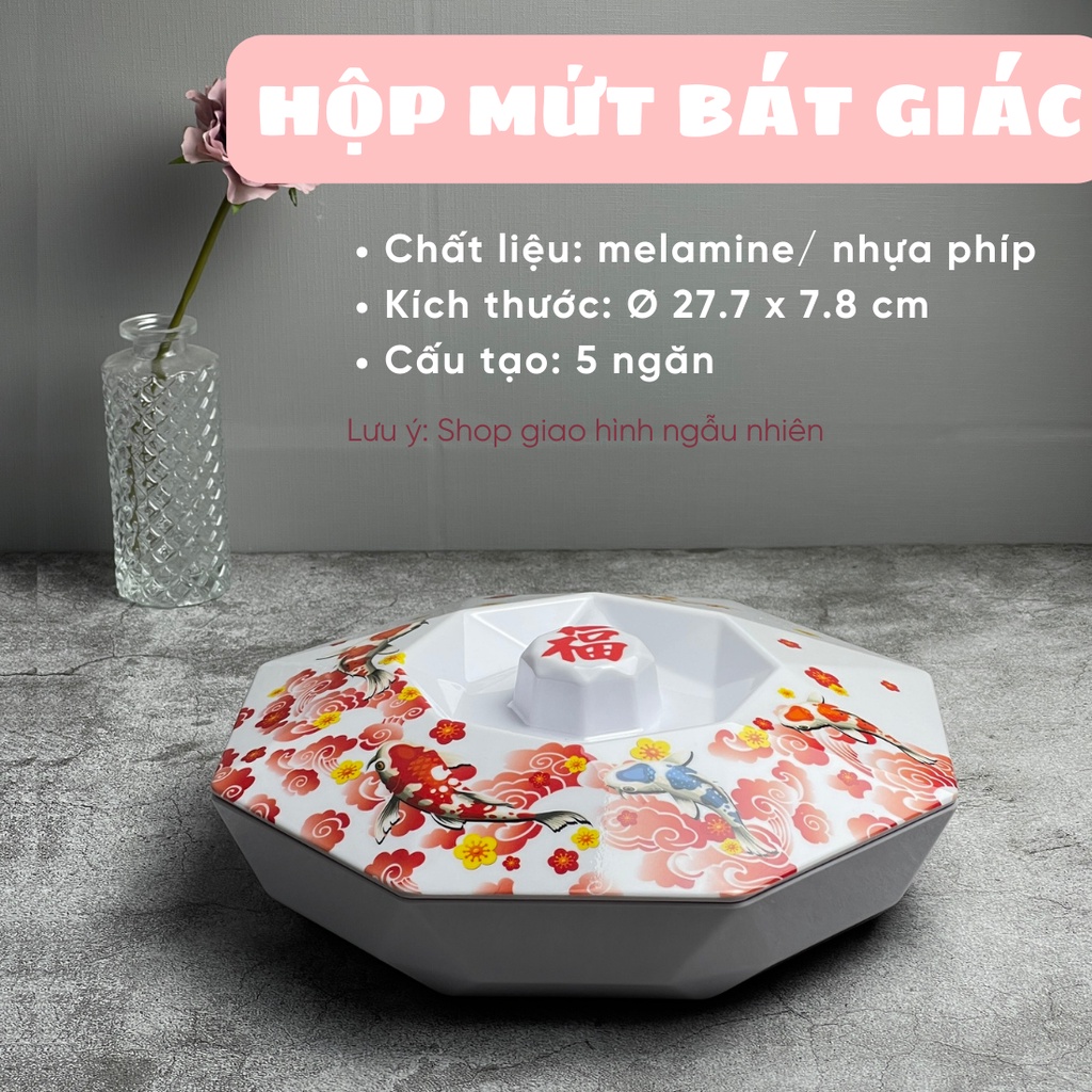 Hộp đựng mứt tết nhiều ngăn nhựa cao cấp họa tiết hoa đào, hoa mai, dưa hấu màu hồng màu đỏ