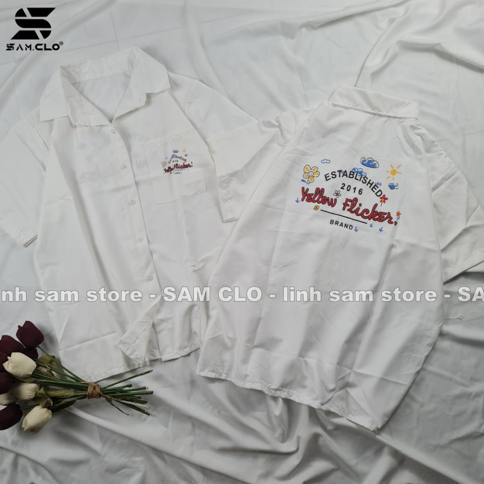 Áo sơ mi nữ SAM CLO cổ bẻ tay ngắn có túi dáng ulzzang freesize form rộng HÌNH YELLOW FLICKER BRAND