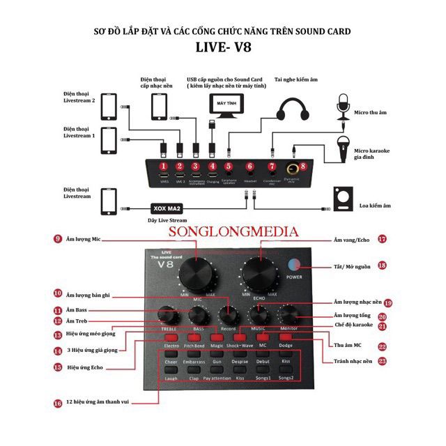 Soundcard V8 thu âm, livestream cao cấp có Bluetooth