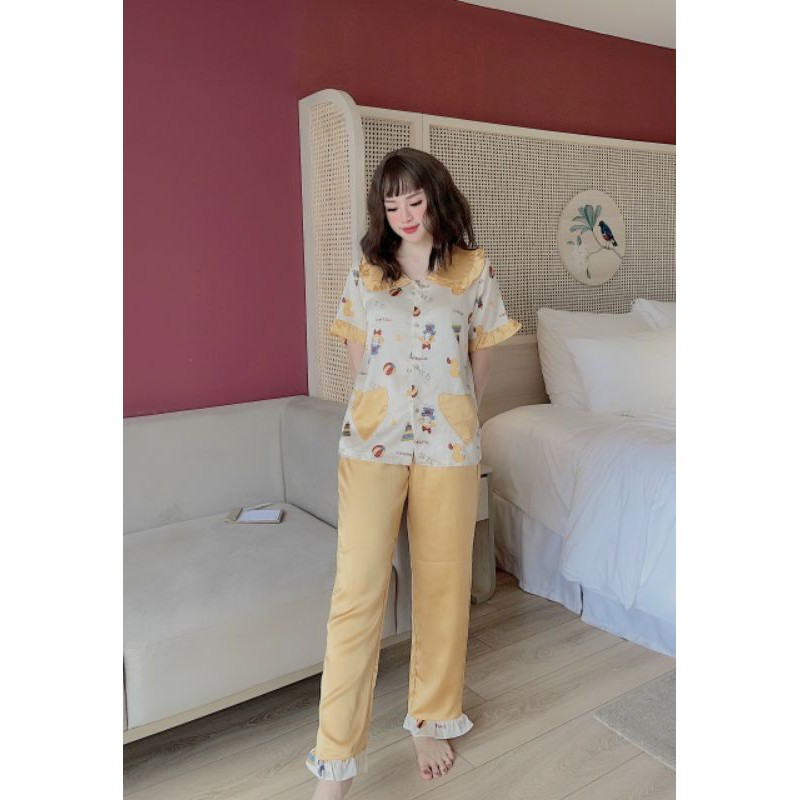 Đồ ngủ pijama lụa cao cấp tiểu thư mẫu mới túi trái tim tay cộc quần dài