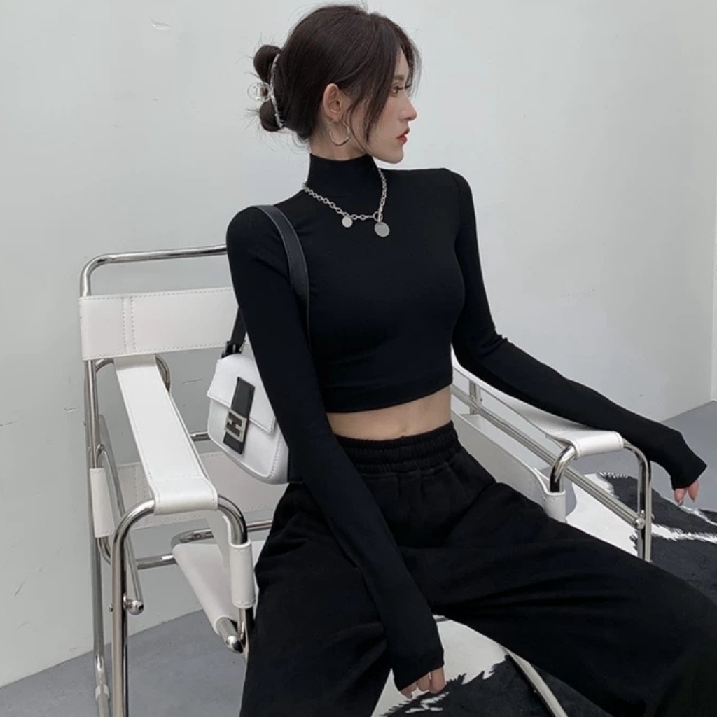 Áo Kiểu Nữ Croptop Cổ Lọ Tay Dài Dáng Ôm Gọn Dáng Chất Lụa Mỏng Mịn Thoáng Mát Dễ Phối