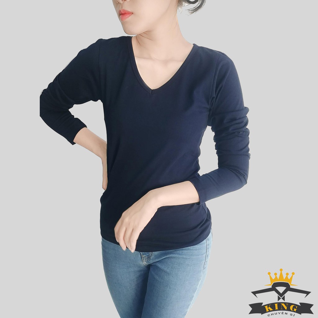 Áo cổ tim, Áo cổ V nữ KING Dáng dài tay, vải cotton co giãn 4 chiều thấm hút mồ hôi tốt form ôm body giá rẻ W06