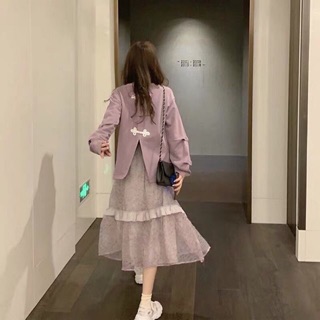 Set áo nỉ + Chân váy hoa nhí màu tím