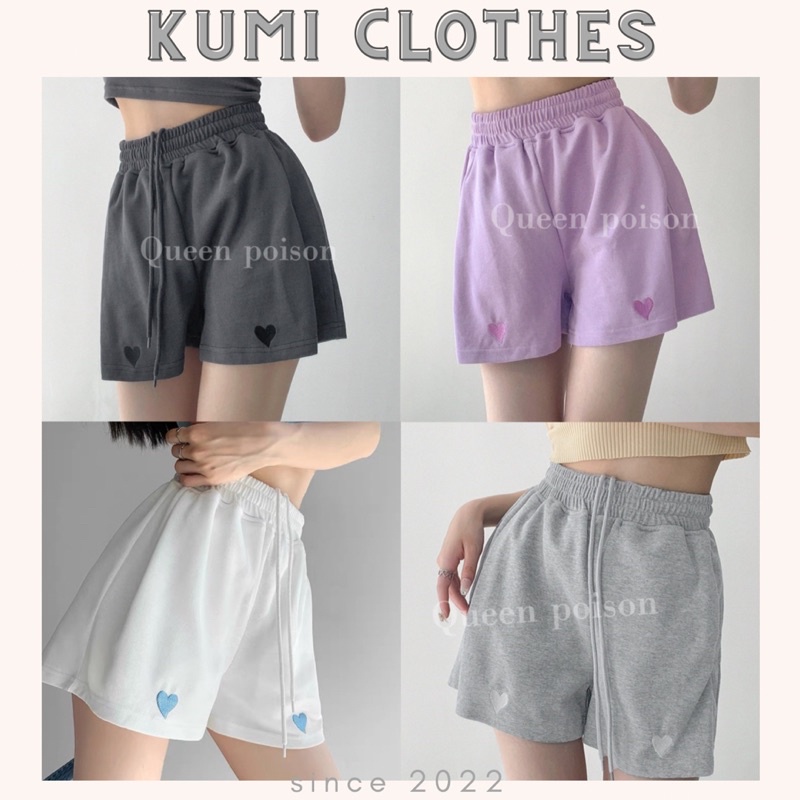 Quần Đùi Nữ Ống Rộng Thêu Trái Tim Cạp Chun Co Dãn (4 Màu)