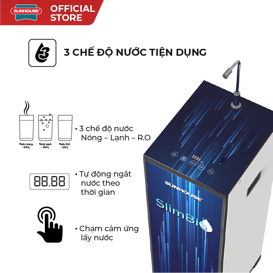 Máy lọc nước R.O nóng lạnh SUNHOUSE SLIMBIO SHA76214CK-S