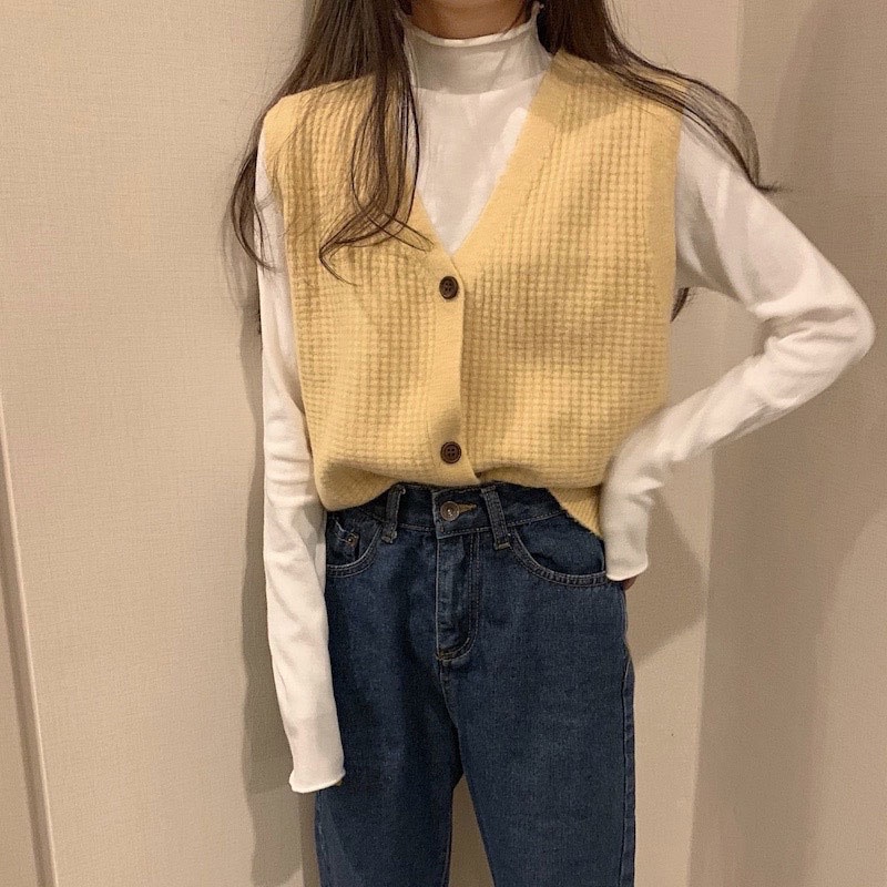 Áo khoác len YEYA không tay cổ chữ v dáng rộng thiết kế mới thời trang dành cho nữ