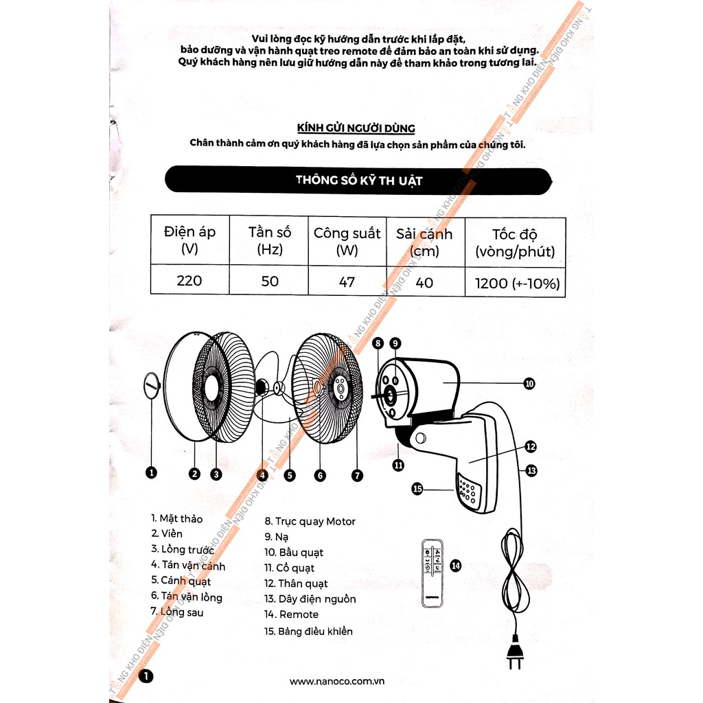 Quạt treo tường Nanoco NWF1610RC - Điều khiển từ xa [Chính Hãng]