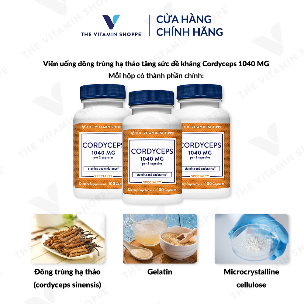 Viên uống đông trùng hạ thảo THE VITAMIN SHOPPE Cordyceps 1040 MG tăng sức đề kháng 100 viên