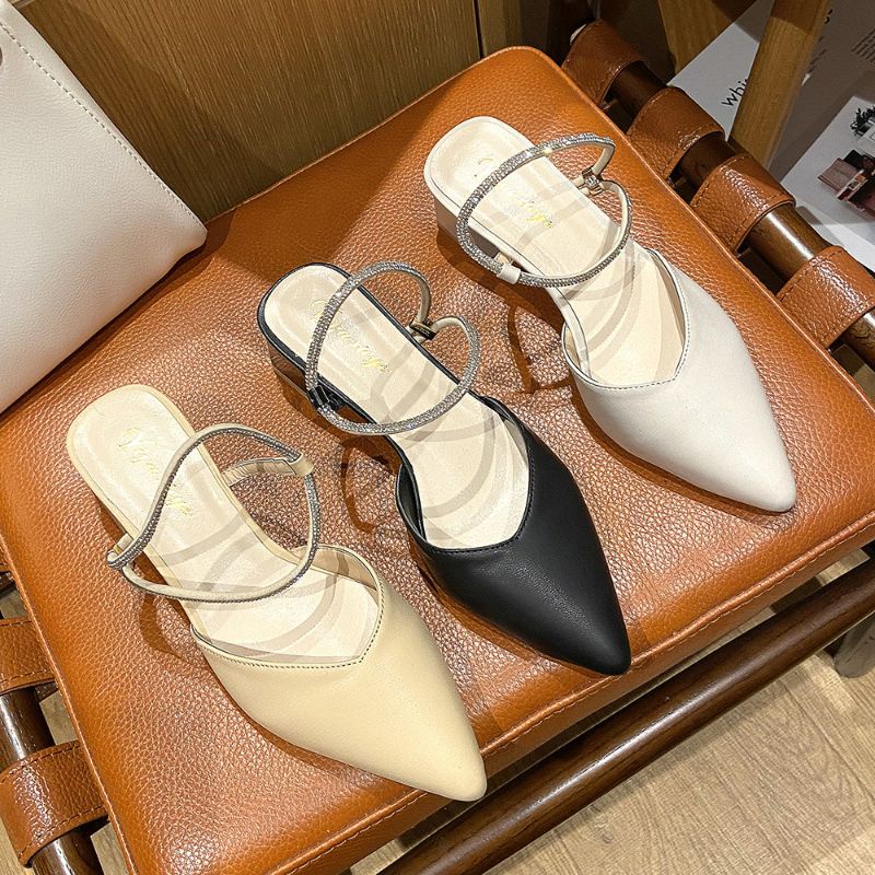 Giày cao gót nữ mũi nhọn gót vuông 6 cm phối dây đính đá mã GA10