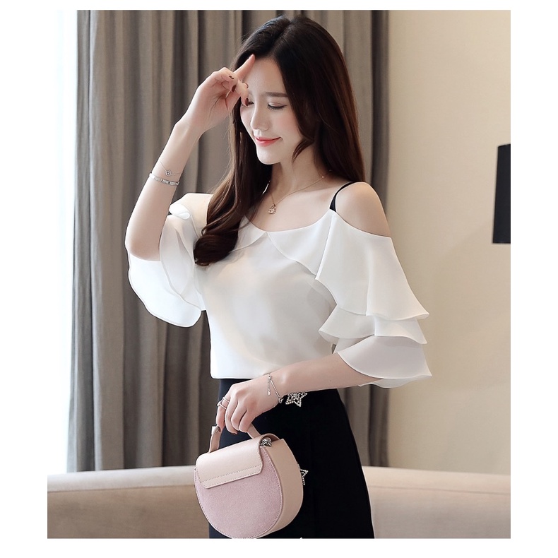 Áo 2 Dây Vải Voan Lụa Ý Trễ Vai Phong Cách Hàn Quốc Thanh Lịch Danh Cho Nữ Văn Phòng Công Sở