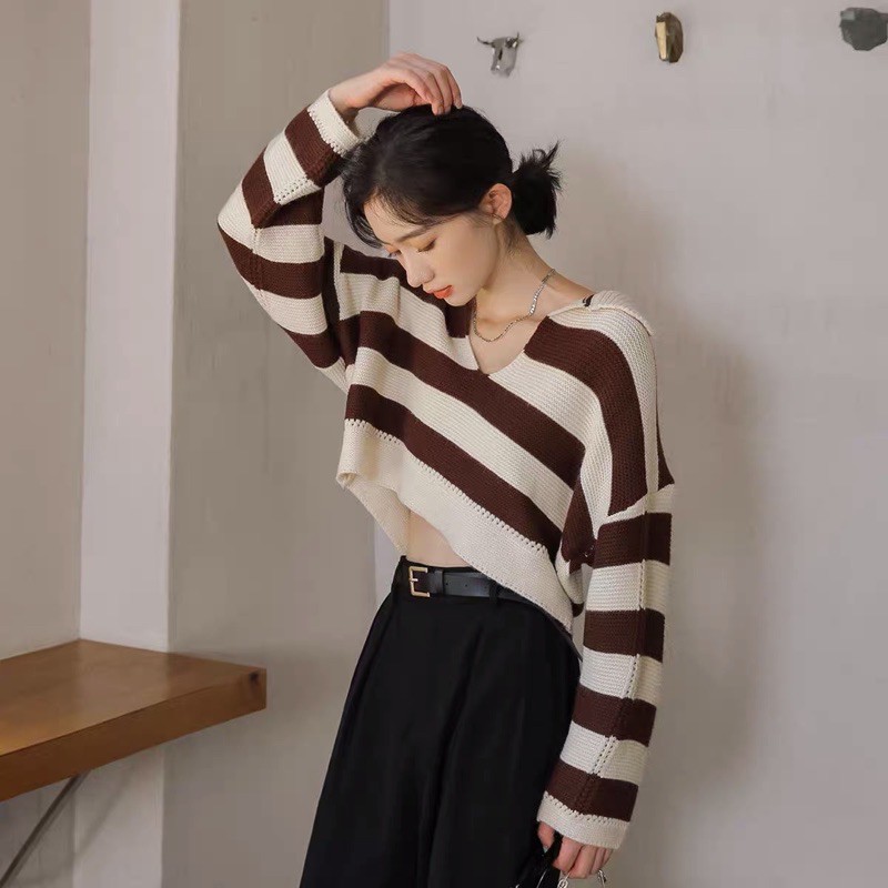 áo len cổ V dáng croptop kẻ (ngắn tay & dài tay) (bz97-1#)